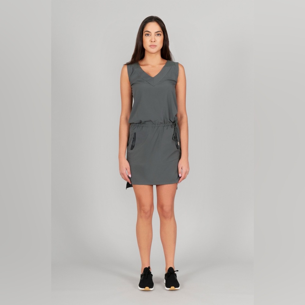 INDYGENA dark olive sleeveless v neck mini BUROK dress cinch waist pockets MED
